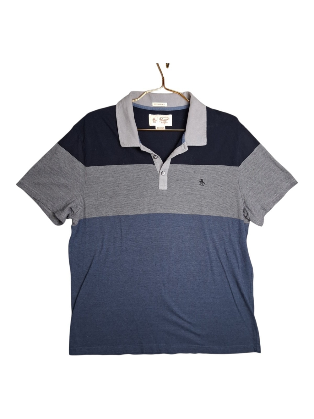 Original Penguin Polo Shirt Mens XL Navy Gray Blue Colorblock Striped Short Slv